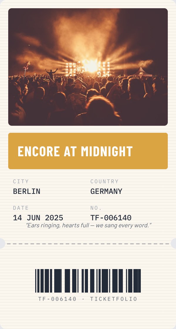 A concert ticket stub made from a festival photo — stage lights over the crowd, 'Encore at midnight', Berlin, June 2025
