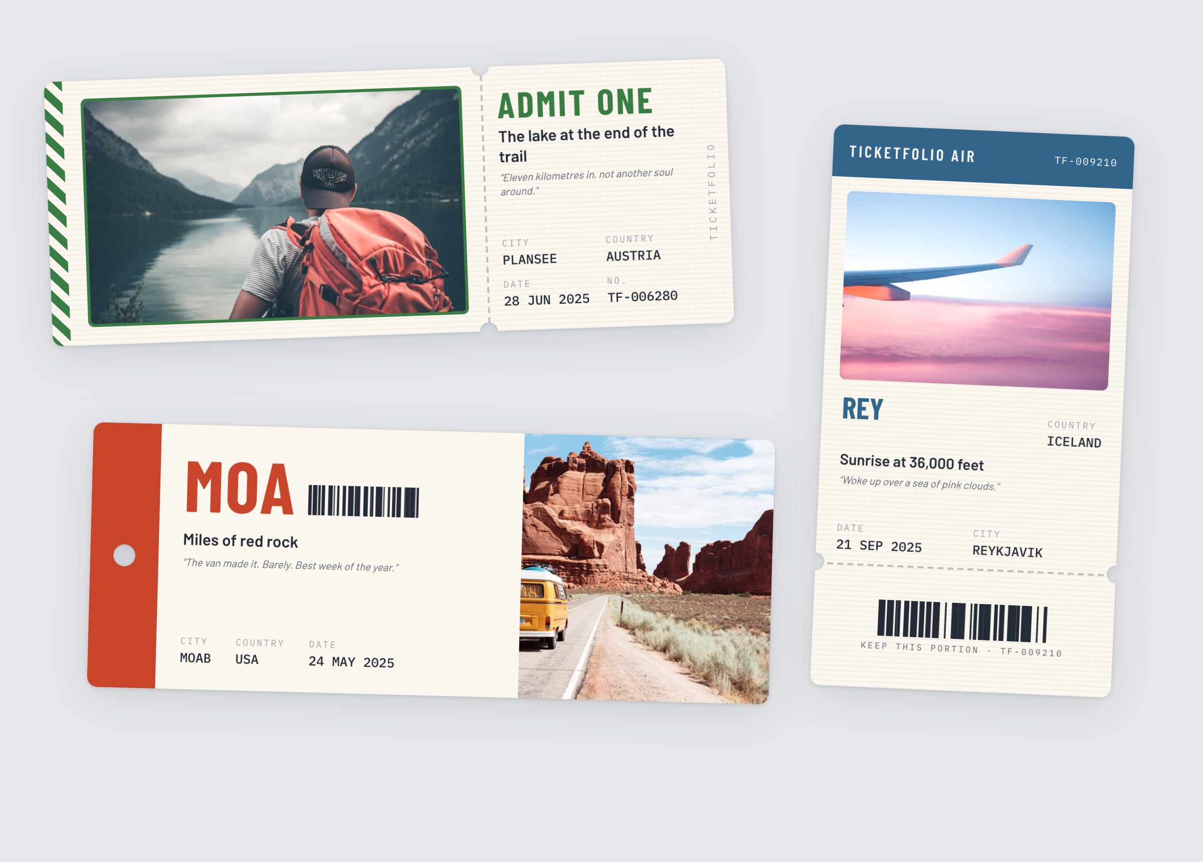 A digital scrapbook spread of three ticket stubs: an Admit One from an Austrian lake hike, a luggage tag from a Moab road trip, and a vertical boarding stub from a sunrise flight