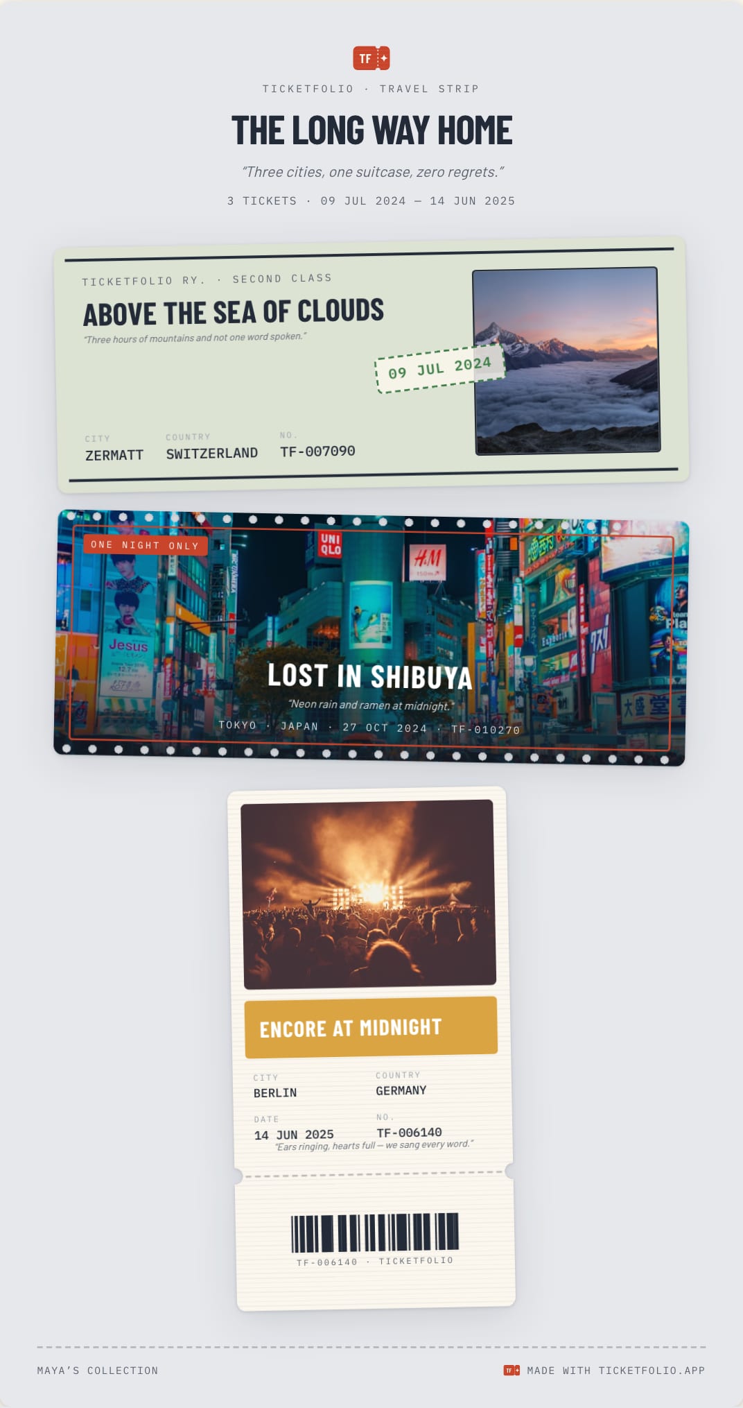 A travel strip titled "The long way home" — three ticket stubs from three cities stacked into one shareable image